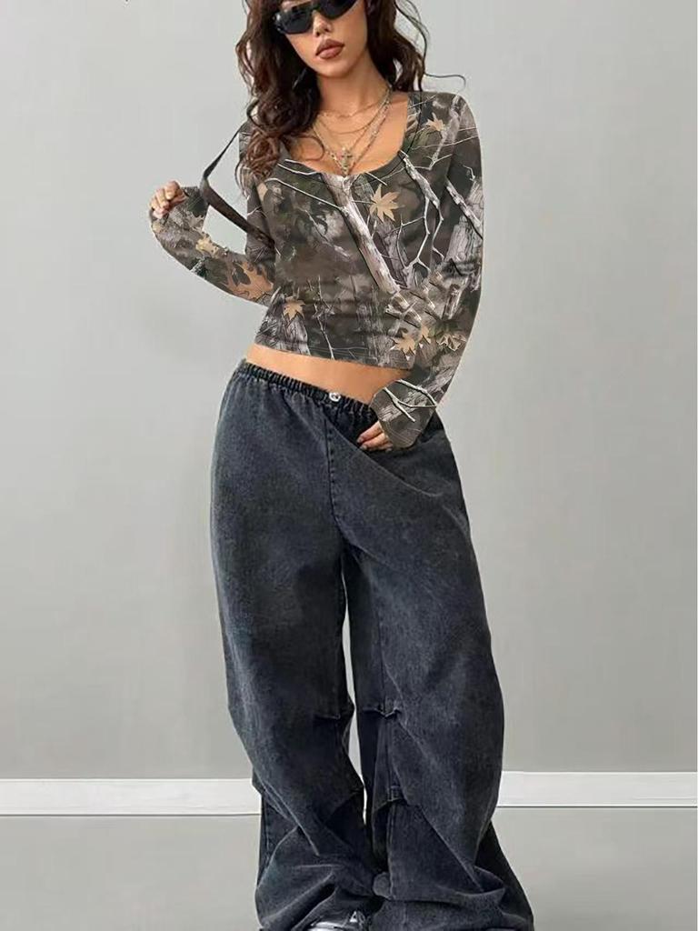 European Fashion 2025 Women's Retro Camouflage Tree Branch Pattern U-Neck Slim Fit Cropped T-Shirt