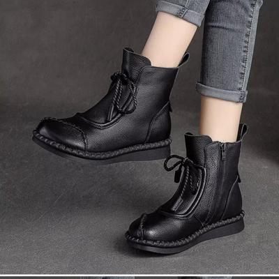 Soft Leather Retro Muffin Sole Fashion Boots Women's 2025 Autumn and Winter New Boots Velvet Cotton Boots Soft Sole Mother Casual Women