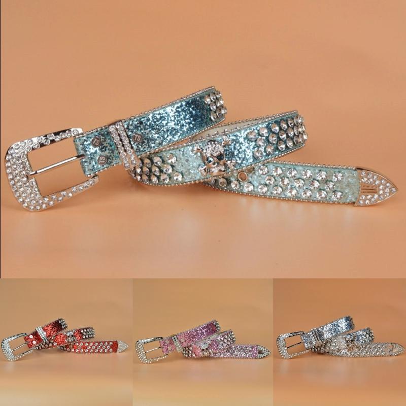 Steampunk Rhinestone Belt Women Waist Belt Western Cowgirl Skull Studded PU Leather Belt for Teenager Girl Female Male