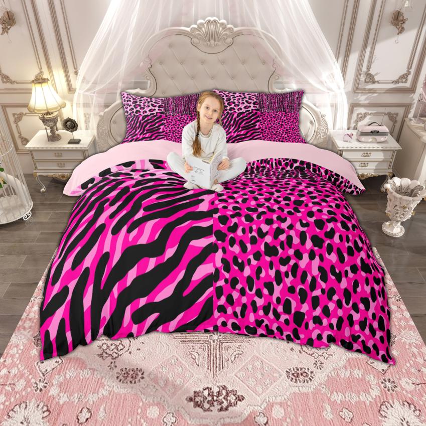 Homewish Girls Hot Pink Duvet Cover Set 2pcs/3pcs, Zebra Leopard Print Bedding, Cheetah Printed Quilt Cover Set