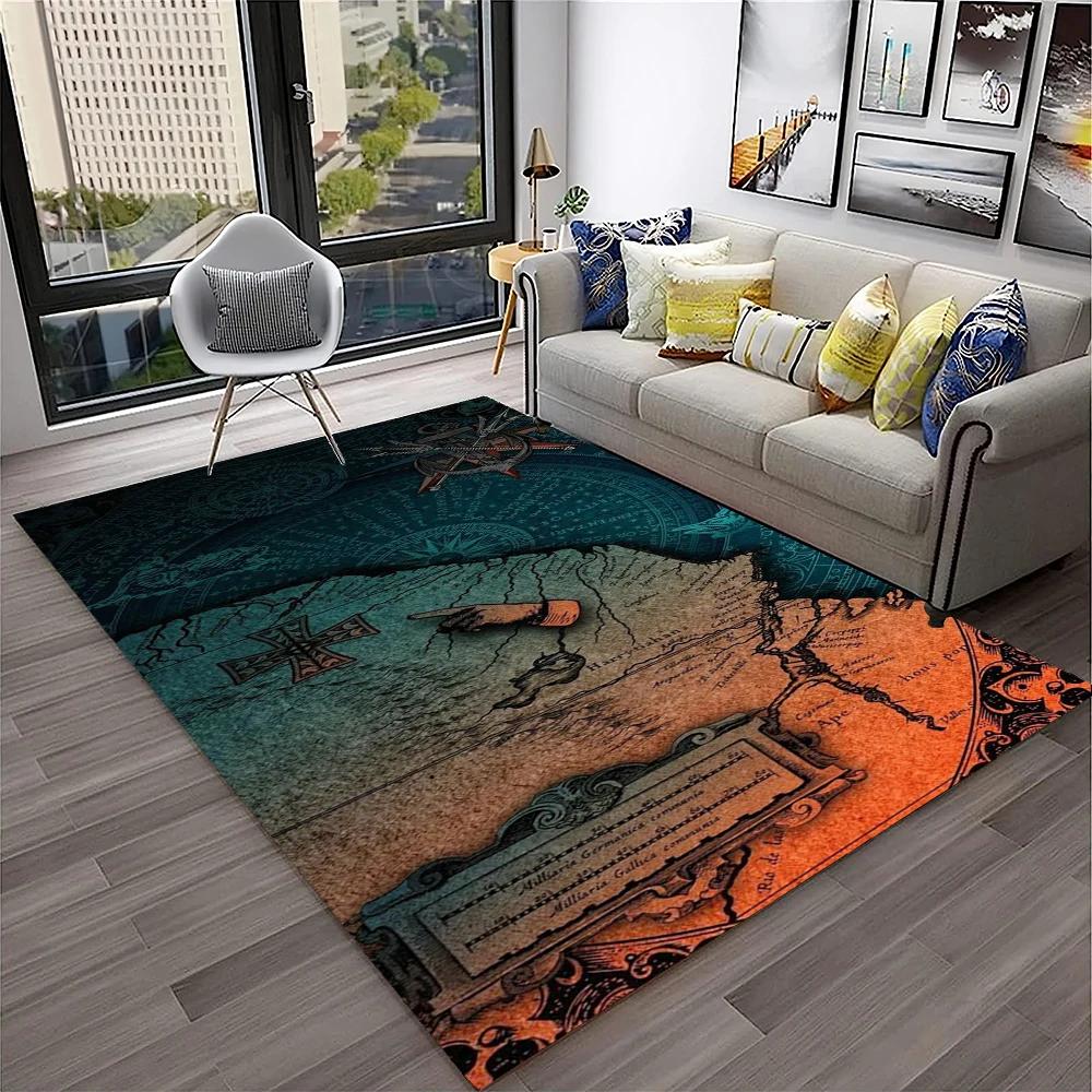 Retro Kompas Navigační Mapa Koberec pro Domácí Obývací Pokoj Ložnici Pohovku Rohožka Dekorace, Koberec do Dětského Hracího Koutku Protiskluzová Podlahová Rohožka