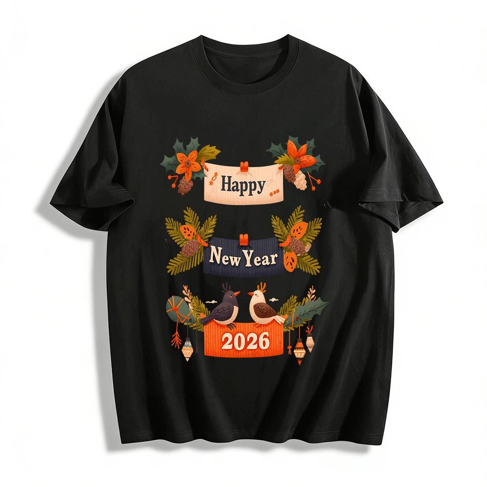 2026 Happy New Year Graphic Casual Top Festival Vibe Versatile Tee Pure cotton T-shirt XXS