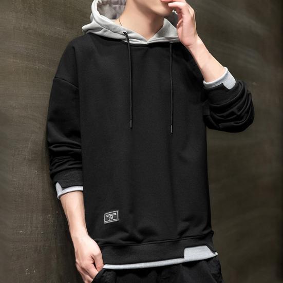 Men Hoodie Contrast Colors Drawstring Casual Long Sleeve Thick Loose Autumn Hoodie for Daily Wear