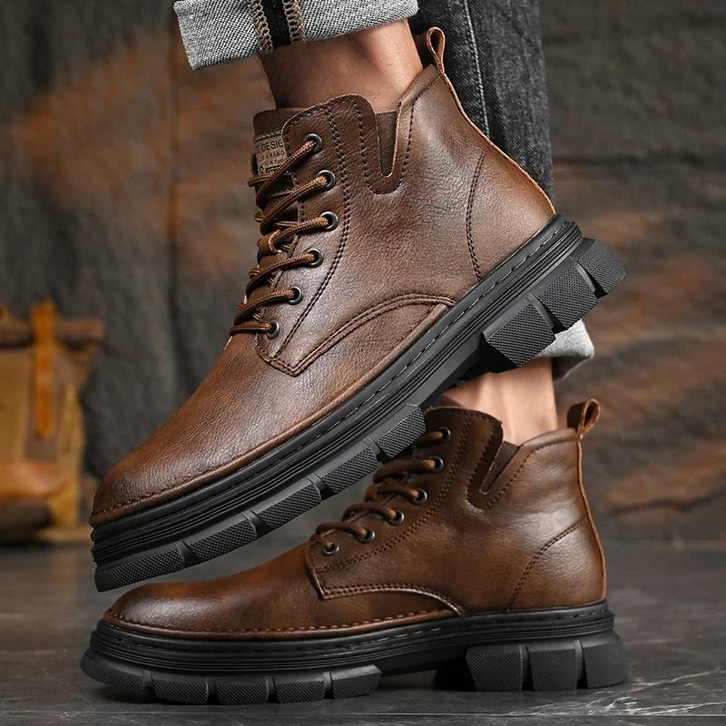 Fashion Hot Sale Men's Lace-Up Motorcycle Boots Leather Fashion Walking Shoes New Men Brand Mens Sneakers Male Comfortable Ankle Boots
