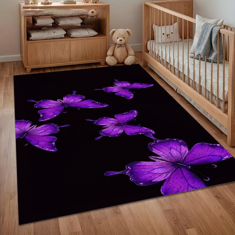 Purple Butterfly Area Rug Black Background Pattern Non Slip Floor Mat for Living Room Bedroom Mystic Home Decor Carpet