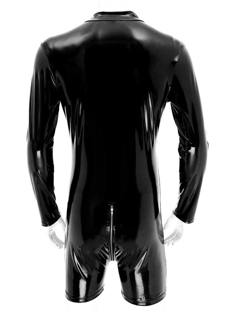 Muži Wet Look Lakovaná kůže Slim Fit kombinézy Dlouhý rukáv Zip v rozkroku Trikot Body Catsuit Clubwear