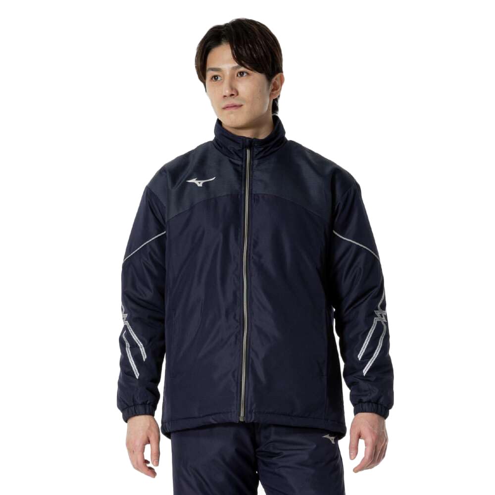 Mizuno Breath Thermo Training Warmer Jacket with and Windproof Deep Navy and Silver MC-LINE Wear, Moisture-Wicking, Heat-Generating, Water-Repellent,