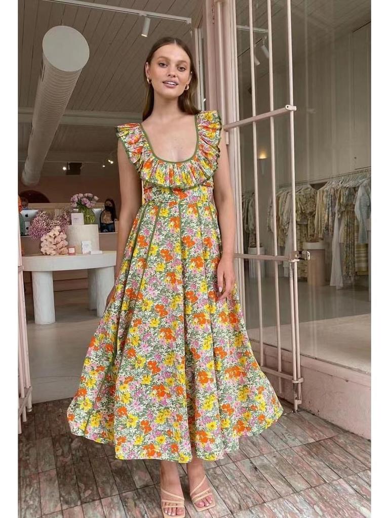 Australijska świąteczna sukienka z odkrytymi plecami w kwiaty: Spódnica długa w stylu retro pasterskim dla kobiet