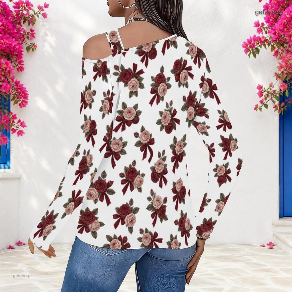 Women Plus Size White Floral Printed Asymmetric Cutout Neck Cold Shoulder Long Sleeve Fitted Top