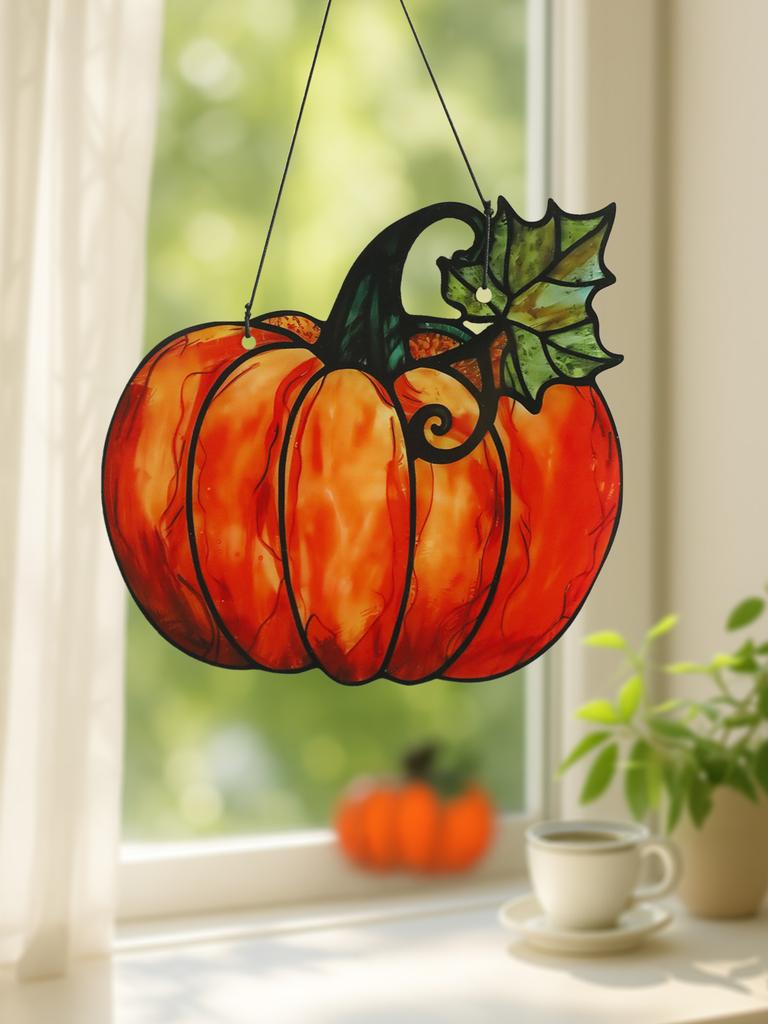 Halloween Pumpkin Hanging Ornaments Acrylic Suncatcher Cute Pumpkin with Leaf Design Window Pendant Wall Ornament for Home Gift