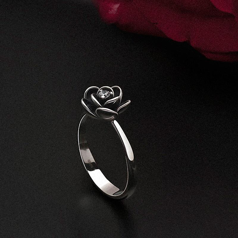 Zhenrong Creative 925 Silver-Plated Rose Diamond Flower Engagement Ring - Women's European & American Fashion