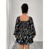 Mini Dress with A Square Neckline, Open Back and Puff Sleeves In A Floral Print