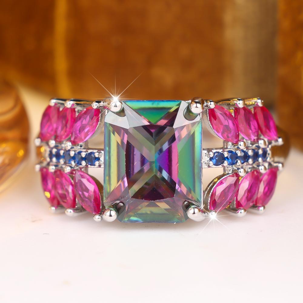 Luxury Silver Color Rainbow Ring for Women Emerald Cut Zircon Wedding Banquet Fashion Jewelry Gift