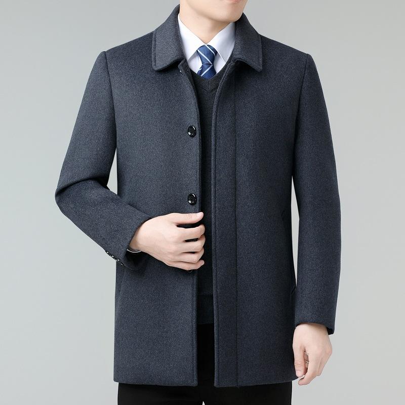 Winter Cashmere Coat Men's High-end Mid-length Woolen Coat Middle-aged Dad Lapel Wool Jacket Plus Velvet Thickening