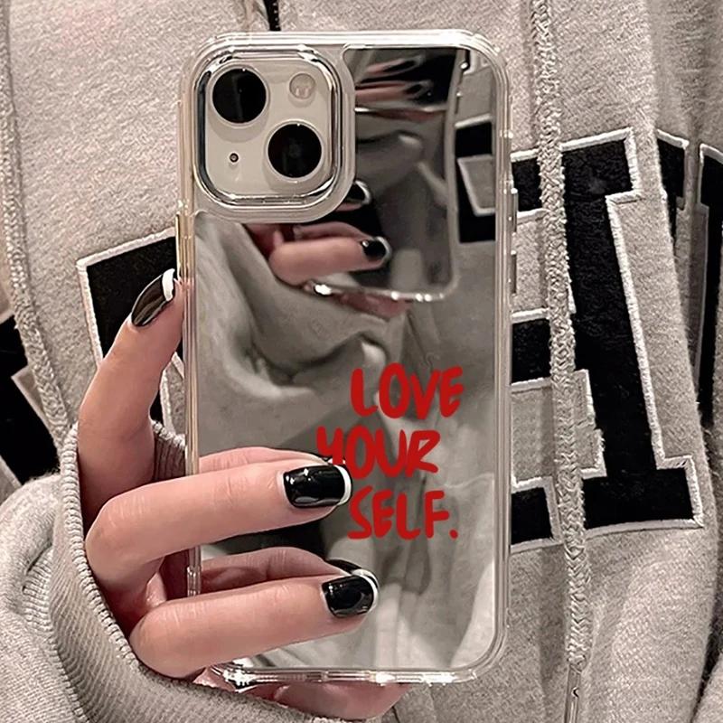 Red Letter Love Yourself Makeup Mirror Phone Case For iPhone 17 AIR 16 15 14 13 12 11 PRO MAX PLUS Y2K Bumper Red Quote Cover