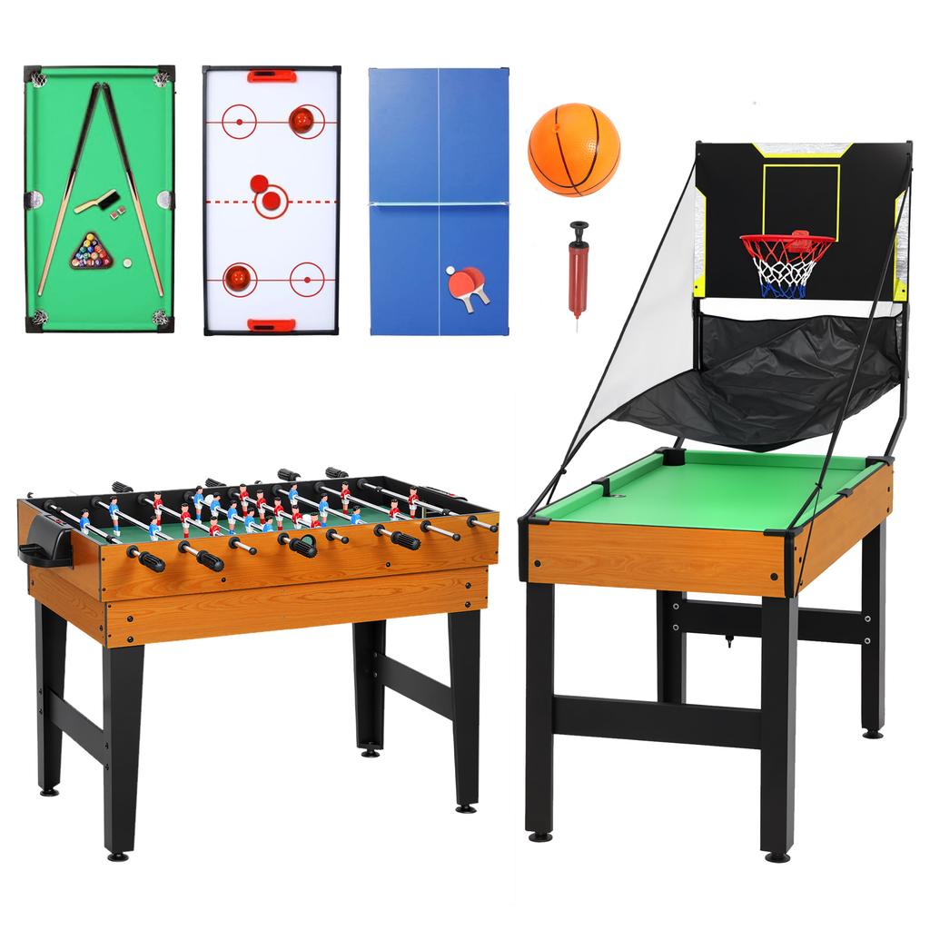 Table MultiJeux 5 en 1 Babyfoot Billard Air Hockey Ping-Pong et Basket Accessoires 134x108x144cm Marron Noyer