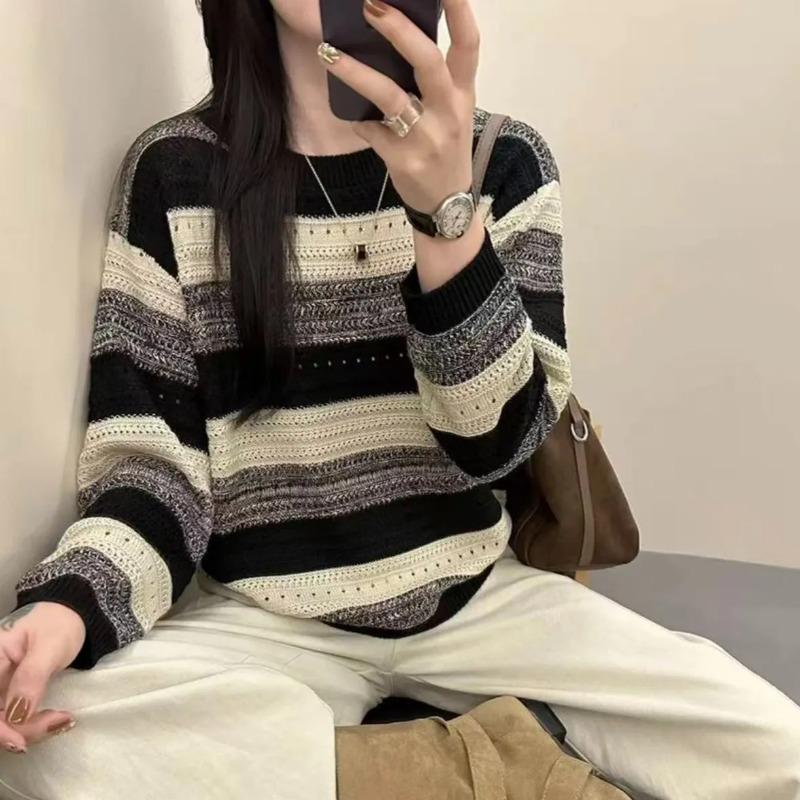 Round Neck Striped Sweater Women's Long-sleeved Autumn Clothing New Style Fashionable Loose Lazy Style Top Retro Pullover
