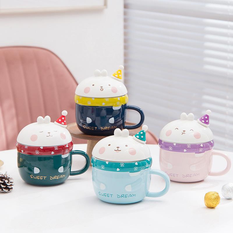 High-Value Breakfast Water Cup Cute Cartoon Rabbit Ceramic Cup With Lid Spoon Girl Student Mug Creativity