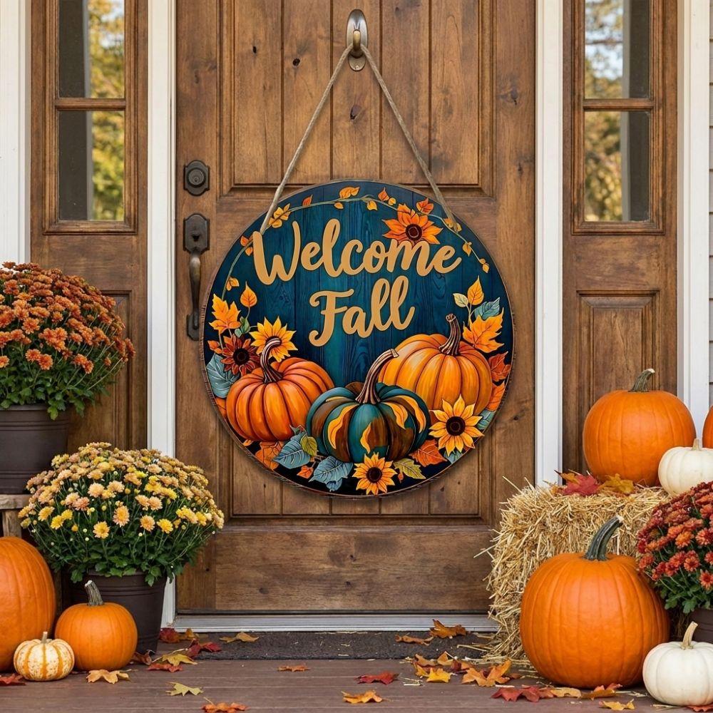 Rustic Welcome Fall Round Wooden Sign Autumn Leaf Wear-resistant Autumn Harvest Wall Decor Vintage Style Long-lasting