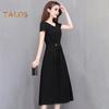 Summer Lady Dress Round Neck A-line Short Sleeves Slim Waist Plus Size Pure Color Slim Fit Mid-calf Length OL Commute Midi Dress