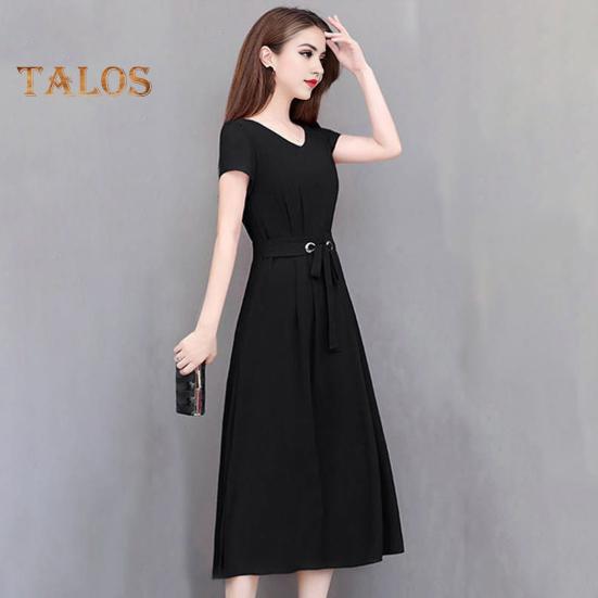Summer Lady Dress Round Neck A-line Short Sleeves Slim Waist Plus Size Pure Color Slim Fit Mid-calf Length OL Commute Midi Dress