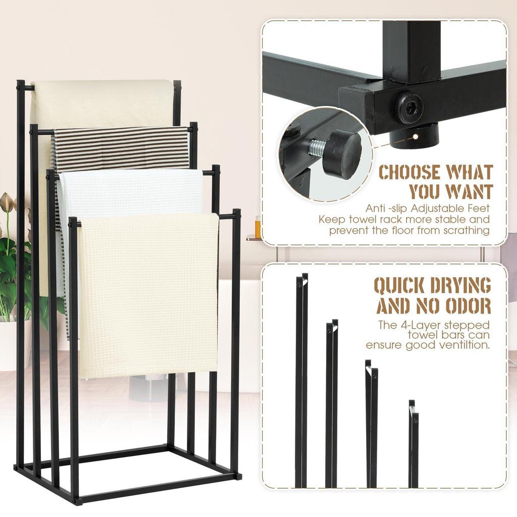 Floor-Standing Metal Towel Rack with No-Drill Multi-Layer Storage for Bathroom, Bedroom, or Balcony