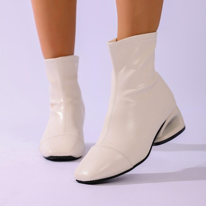 Foreign Style Special Heel Booties Square Toe Spliced Rear Zipper Non-slip Wear-resistant Block Heel Shoes