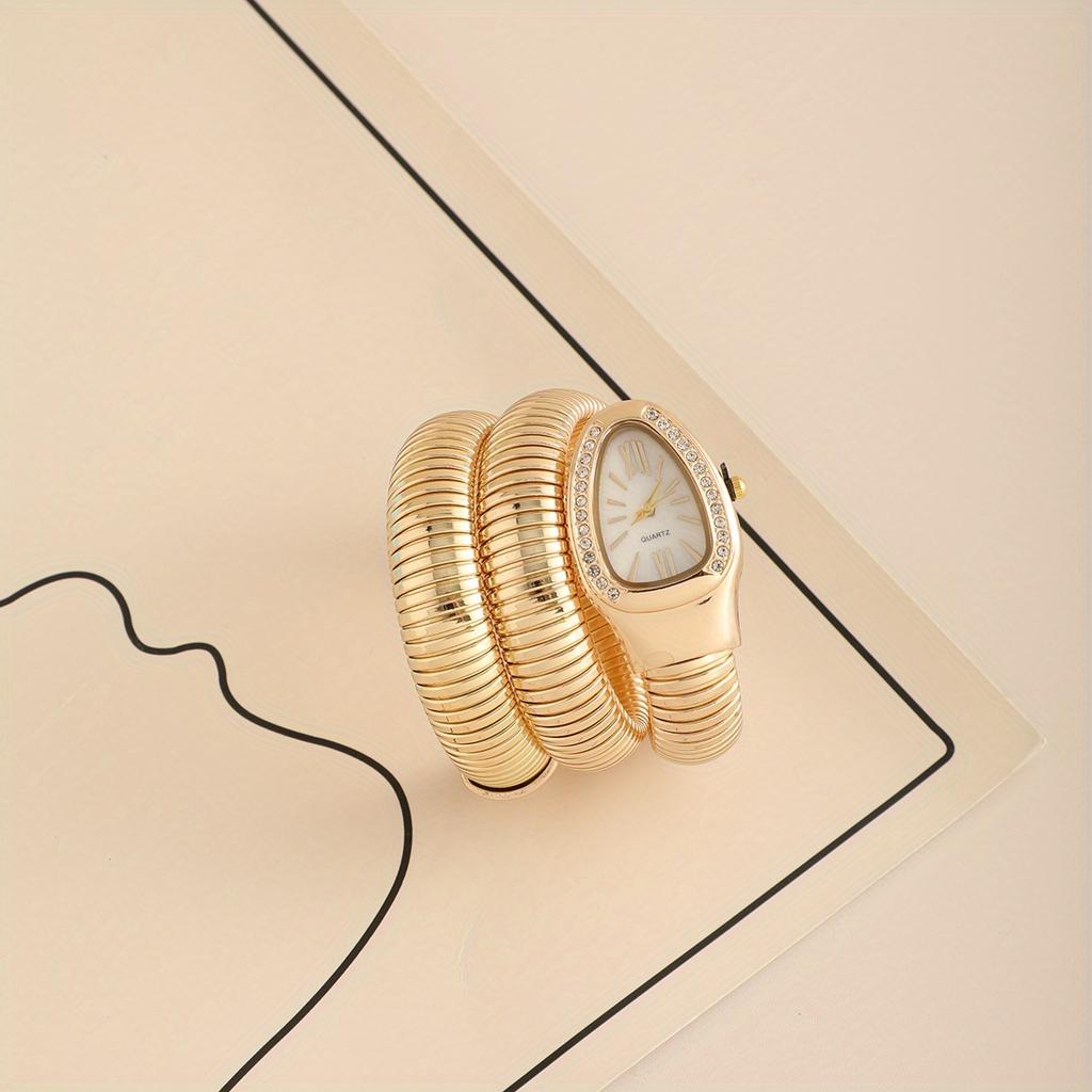 Elegant Snake-Shaped Quartz Wrist Watch for Women-Flexible Spring Band, Fashion Accessory, Snake Motif Design, Embellished Band