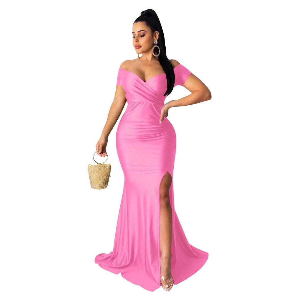 AL243 European and American Women's Sexy V-neck Evening Dress - High Slit, Solid Color, Short Sleeve for Spring/Summer