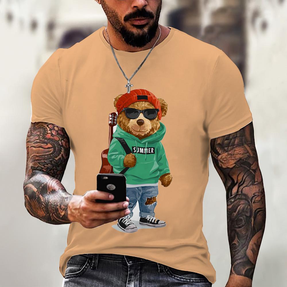 Men's T-shirt 2024 Summer New Round Neck Short Sleeved Bear 3D Printed Plus Size Top