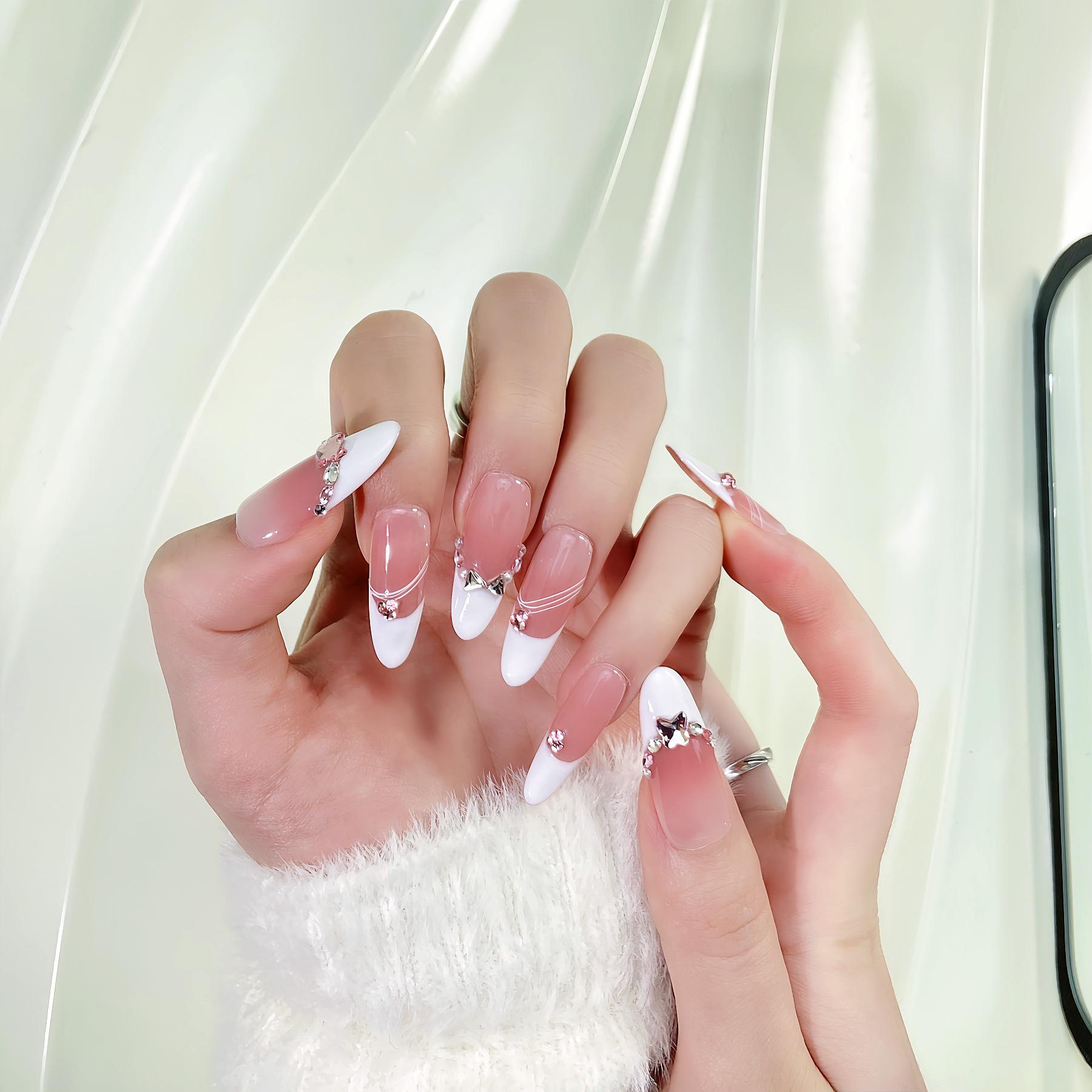 Handmade French Style Nude Translucent Color-Blocking Press-On Nails - Eye-Catching Manicure