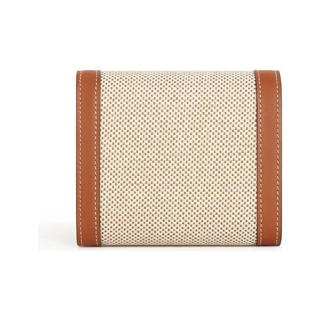 CELINE Triomphe Gold Buckle Foldover Canvas and Leather Wallet for Women Beige/Brown