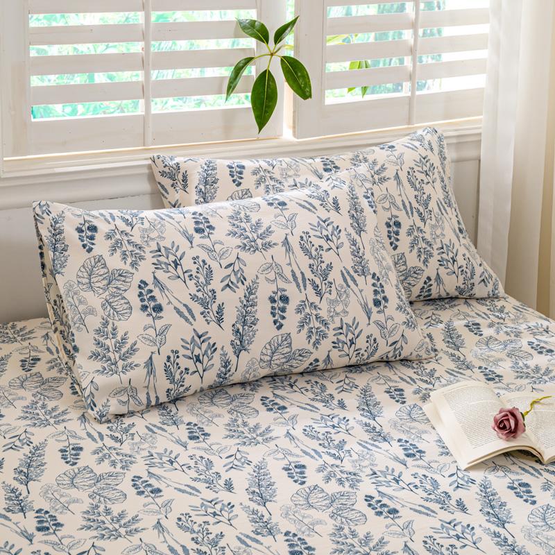 Bed Sheet with Elastic Washed Cotton Blue Flower Printed Fitted Sheet Single/Queen/King Mattress Cover for Double Beds