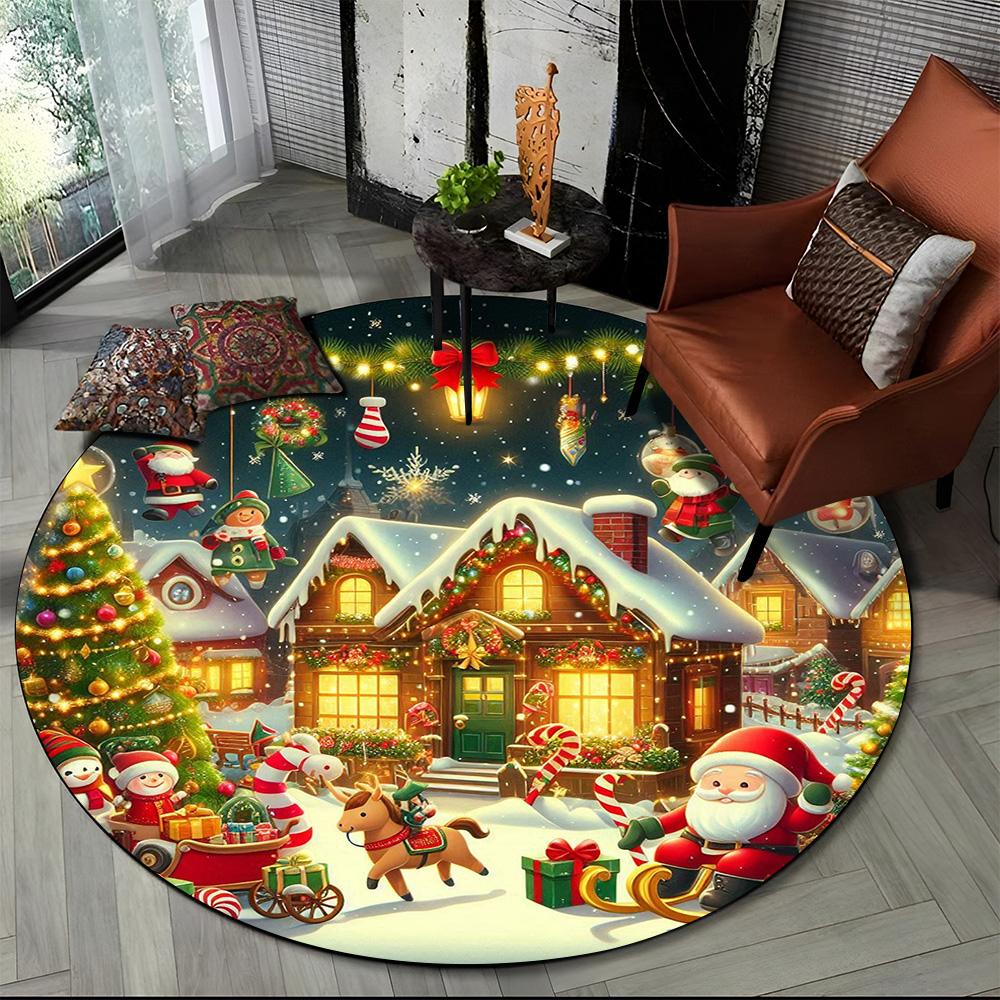 Cartoon Santa Claus Merry Christmas Snowman New Year Round Carpet Rug for Bedroom Living Room Sofa Decoration,Decor Floor Mat