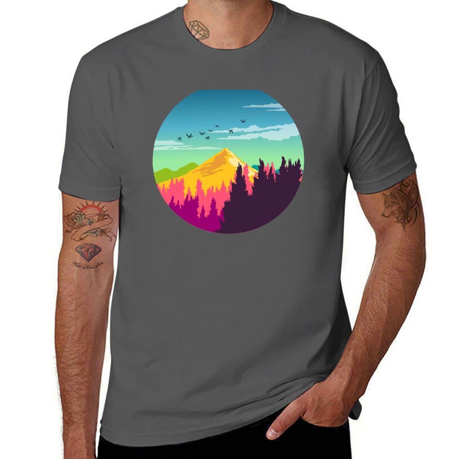 

Colorful Nature Landscape : Mountain and Forest Scene with Happy Birds T-Shirt cotton t shirt pack essential t shirt T-Shirt 4XL