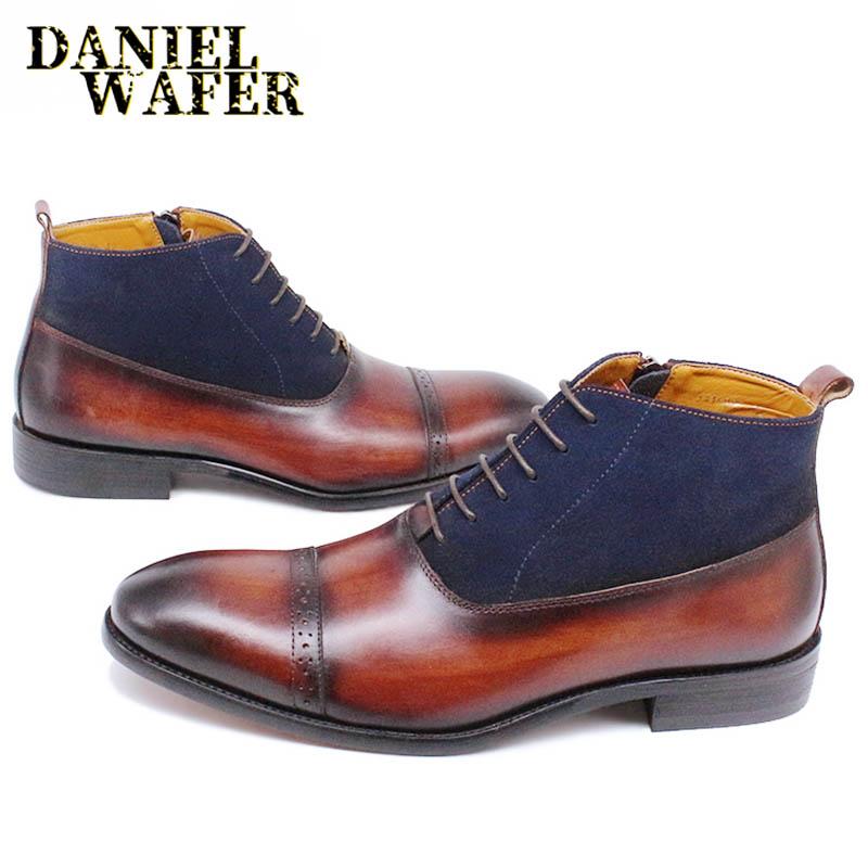 Mode Luxus Herren Stiefeletten Wildleder Patchwork Leder Basic Stiefel Schwarz Braun Reißverschluss Schnürung Kappe Zehenbereich Lässig Kleid Herren Formelle Stiefel Schuhe