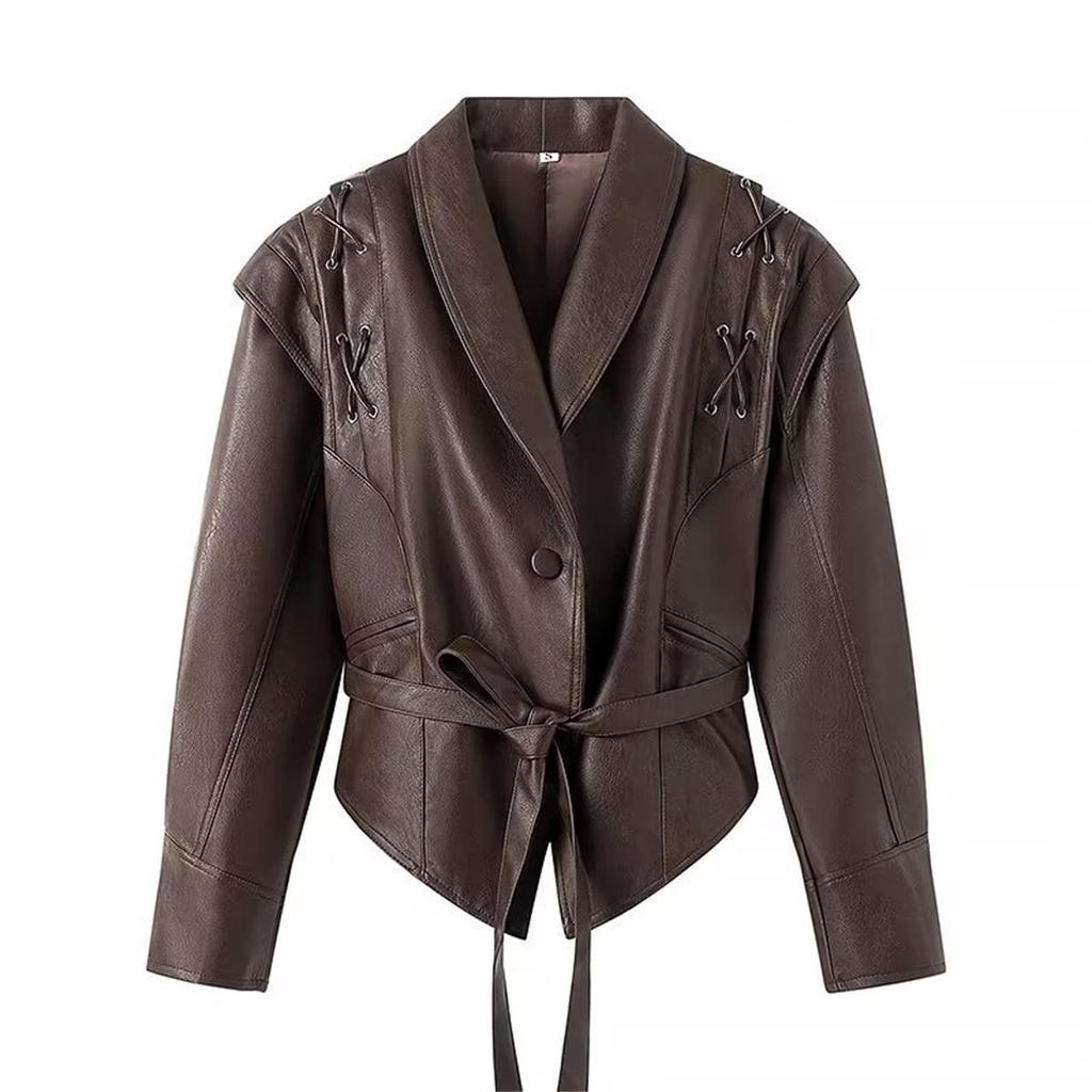 Women's Vintage Jacket Spring Autumn Single Breasted Long Sleeves V-neck Coats Lace-up Female High Street Fashion Coat