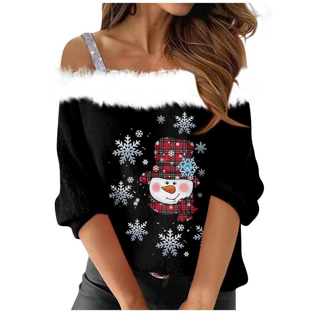 Women's Fashion Long Sleeve Strapless One Shoulder Christmas Printed Party Plush Neck Top