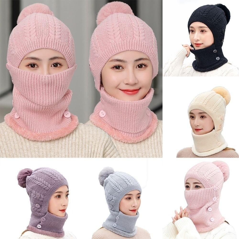 Wool Knitted Women Wool Knitted Hat Thick Face Warmer Pompoms Cap Windproof Winter Ski Hat