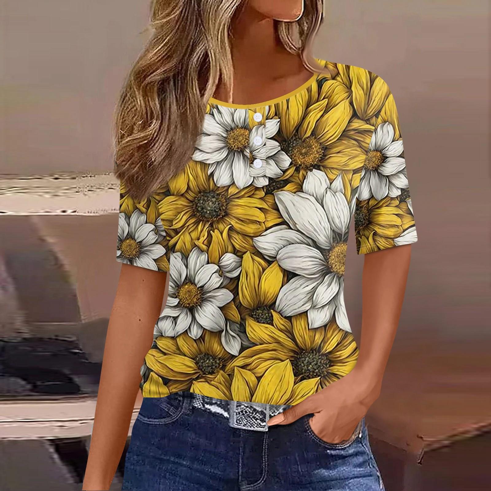 

Жен. Футболка Футболка с принтом Пуговицы С короткими рукавами Повседневные Выходные Мода Классический Круглый вырез Обычный Топ XL