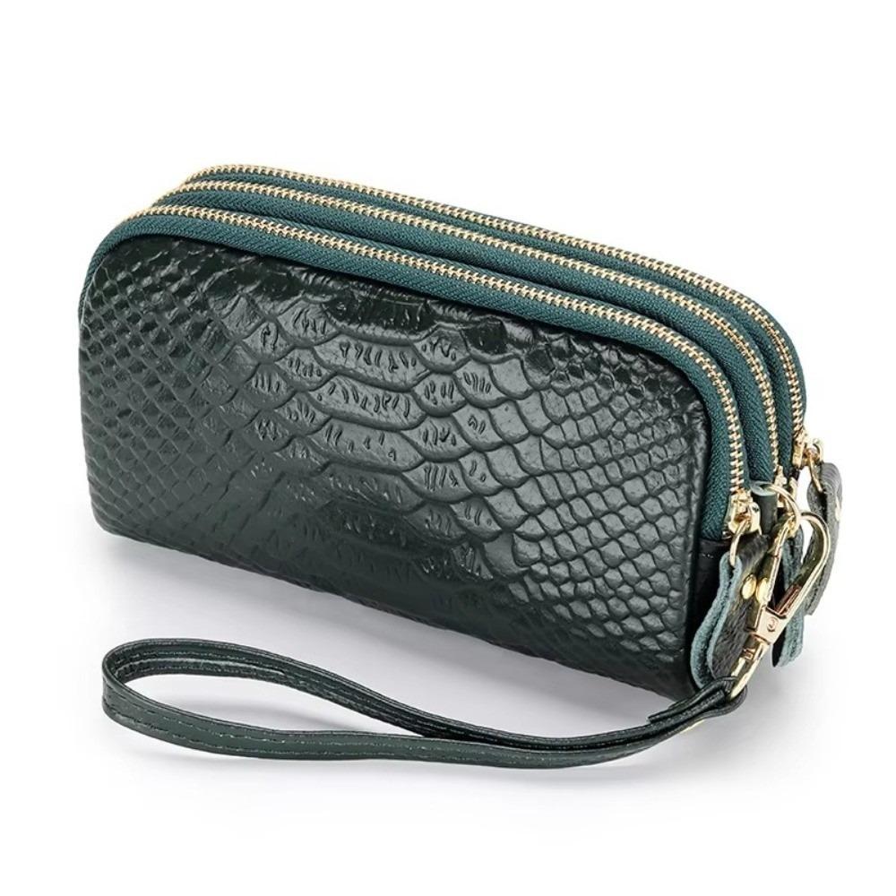 Solid Color Lady Clutch Crocodile Texture Long Zipper Genuine Leather Wallet Large Capacity 3-Layer Design Phone Bag for Women