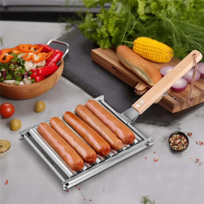 M-Modern-2Pcs Hot Dog Roller For Grill Sausage Roller Rack With Wood Handle BBQ Hot Dog Griller For Evenly Cooked Hot Dogs