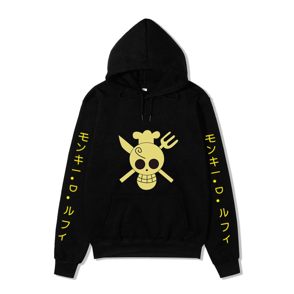 One Piece Sanji Hoodie, Chef Pirate Skull Logo Japanese Letter Sleeve Print Pullover Sweatshirt Unisex Streetwear