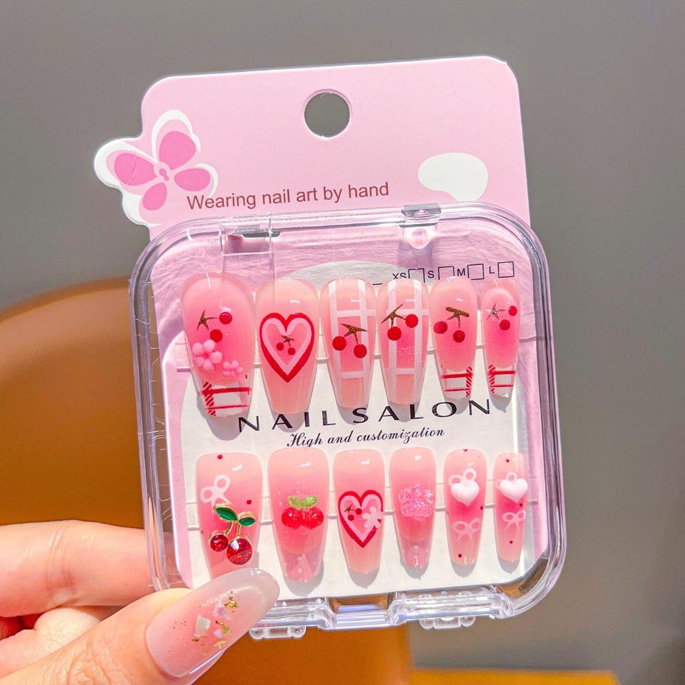 

Hot Cartoon Children Wearing Nails Cute Cherry Love Heart Press on Nail 18 Styles Detachable Nail Tips for Girls Students