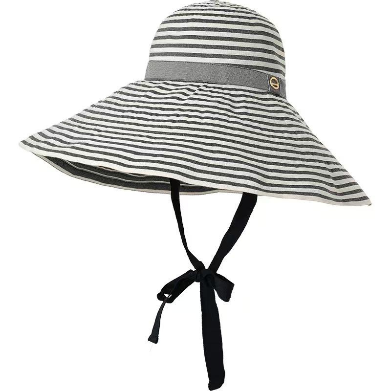Korean-style summer outdoor travel fashion versatile striped wide-brimmed hat, women's foldable sun hat