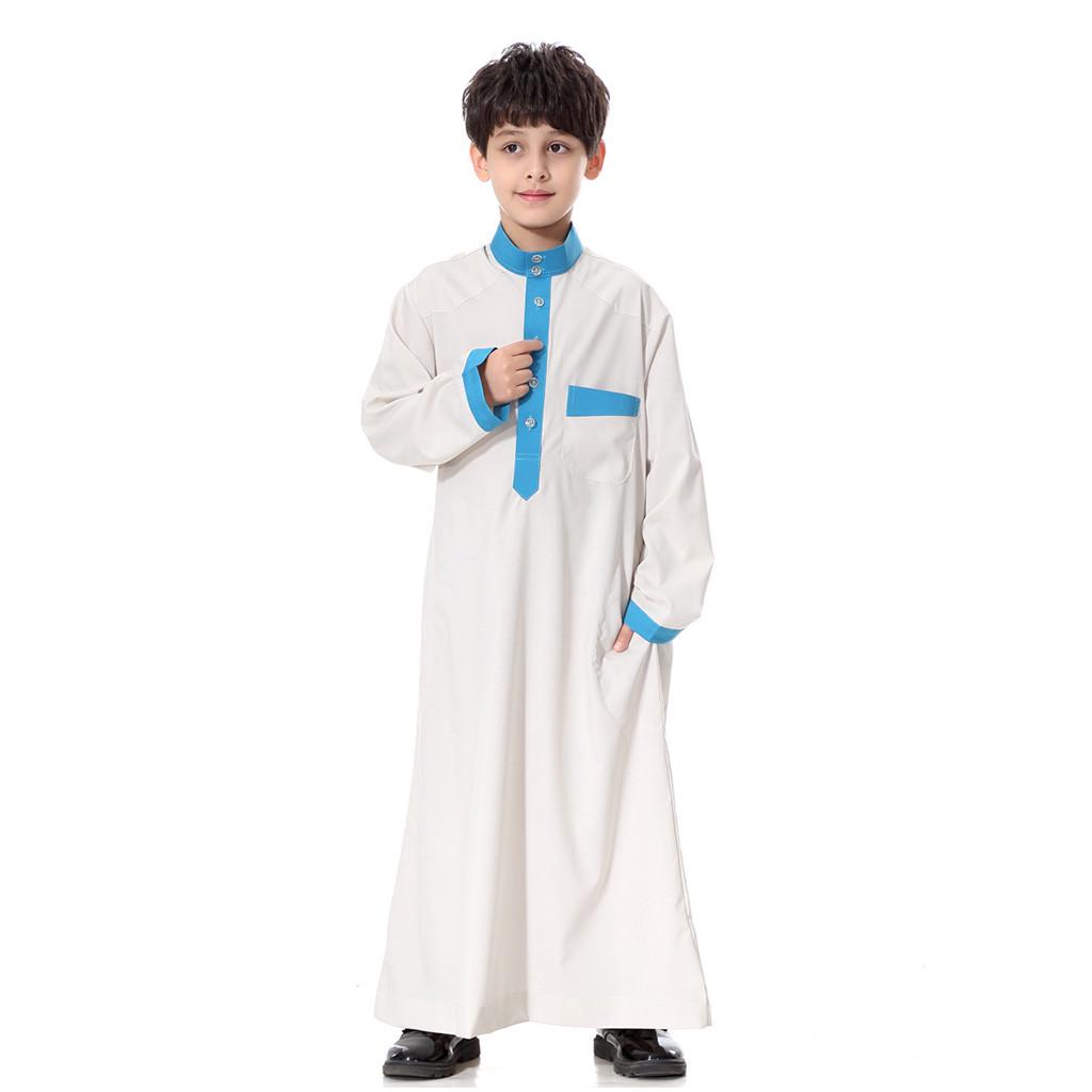 Lopty Mans Long Sleeve Solid Saudi Arab Islamic Muslim Dubai Robe for Boys