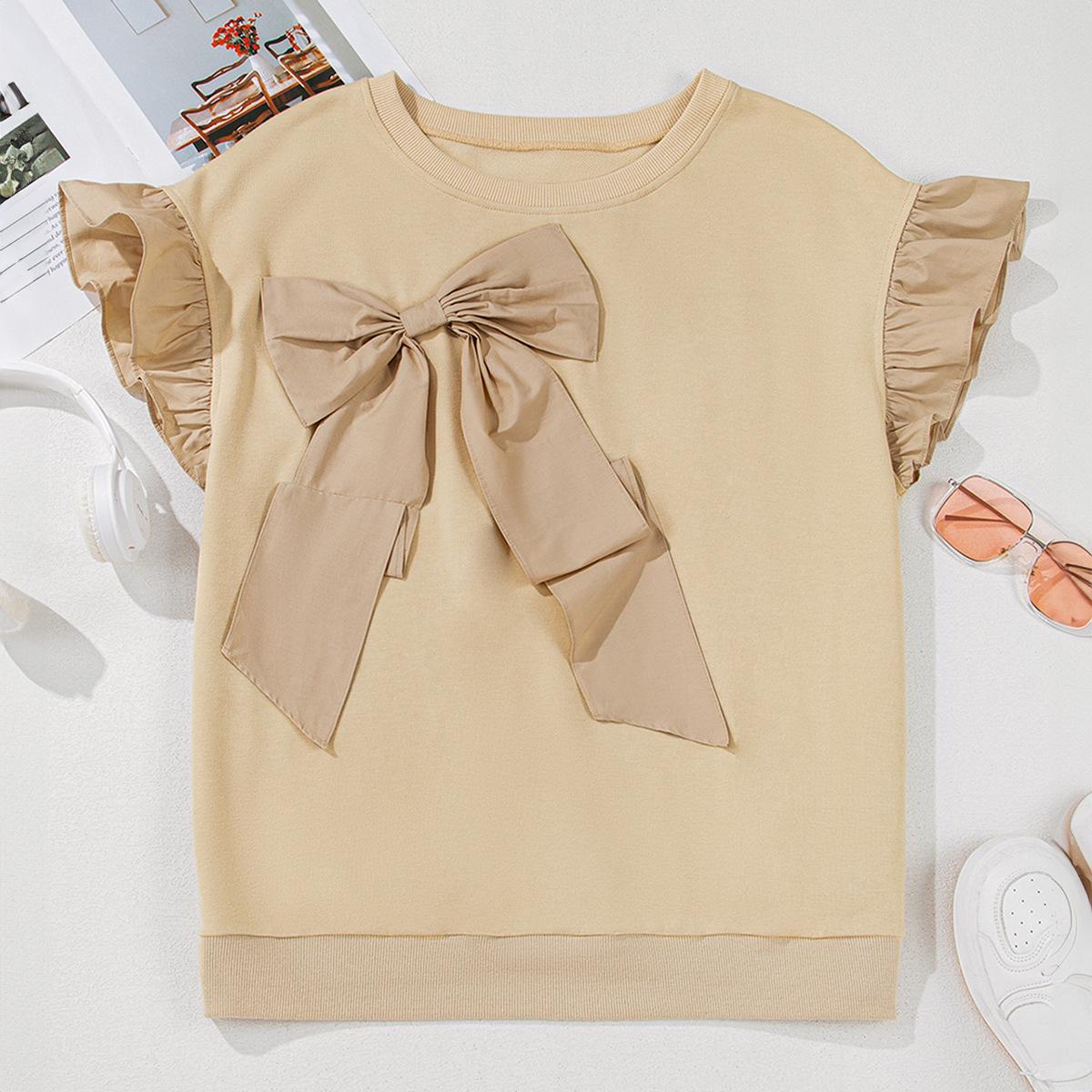 

Shiying Plus Size Summer Short Sleeve Bowknot T-Shirt - European & American Casual Fashion Pullover XL хаки