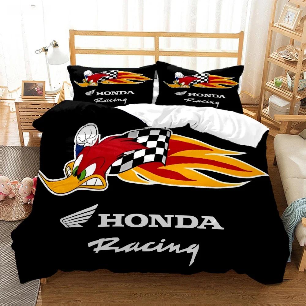 HRC-H-Hondas Motorrad Logo Bettbezug Bettdecke Bettwäsche-Sets Weiche Steppdeckenhülle und Kissenbezüge für Jugendliche Einzel-/Doppel-/Q-Queens-/King
