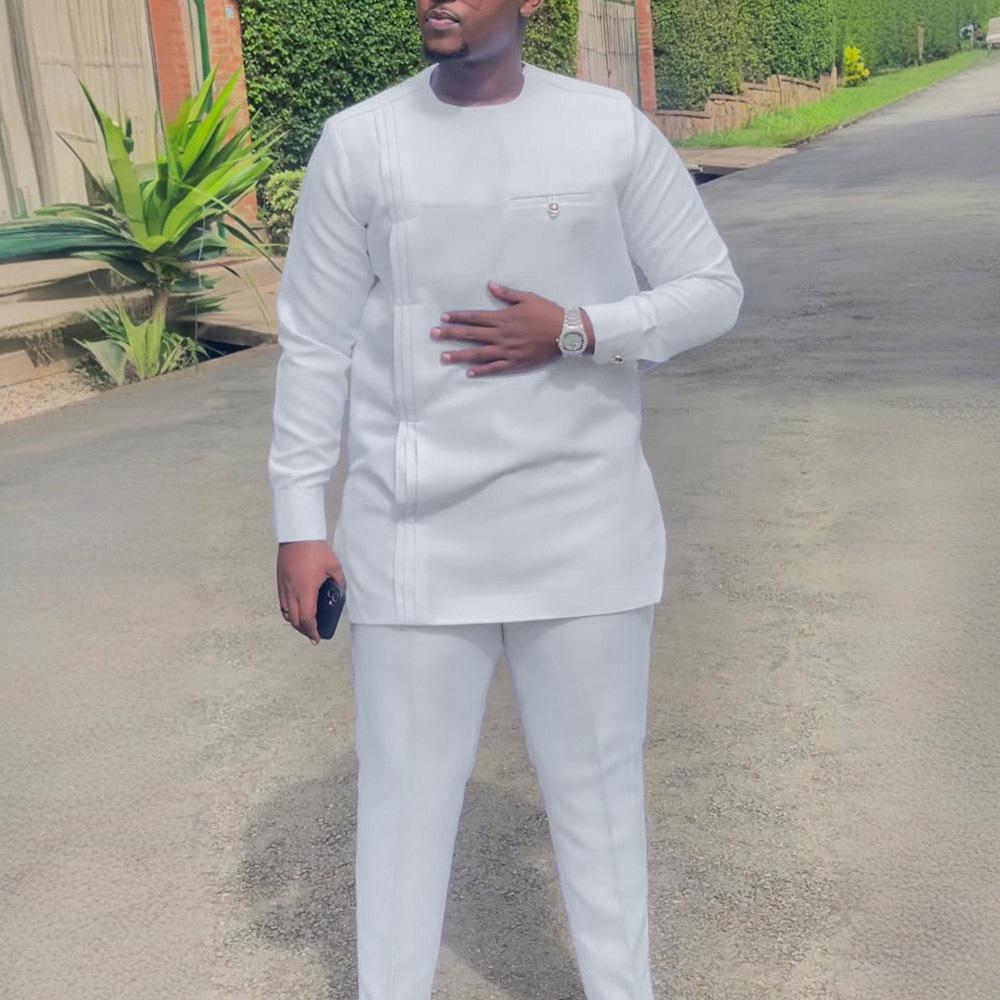 Men's Casual Two-Piece Set: Solid Color, African Ethnic Style