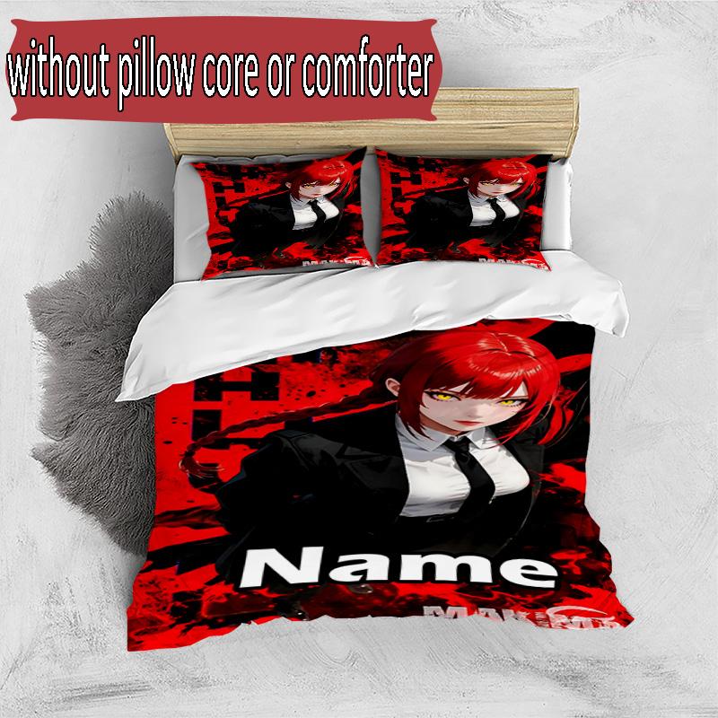3pcs Duvet Cover Set (1*Duvet Cover + 2*Pillowcase, Without Core), Custom Name Makima Chainsaw Man Pattern Bedding Set, Home Bedroom Decor Gift
